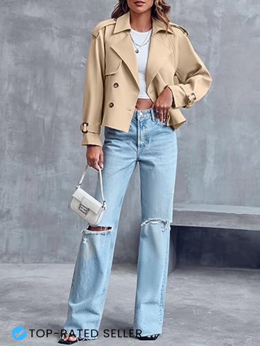 Cropped Double Breasted Trench Coat Raglan Sleeve Chic Work Office Jacket - Picture 4 of 7